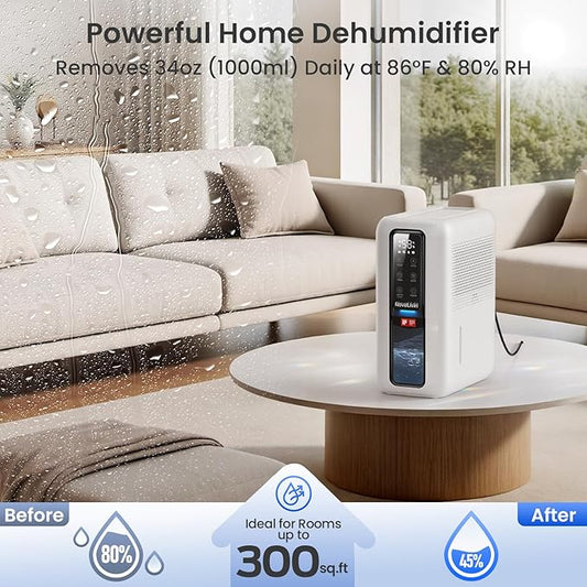 Dehumidifier for Home, Dehumidifiers for Bathroom, Bedroom, Living room, Closet with 68 OZ Water Tank, Moisture Absorbers, Auto Shut Off, Auto Humidity Control, 7 Colors LED Light, White