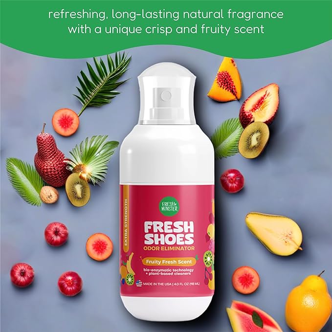 FRESH MONSTER Deodorizing Shoe Spray for Kids & Teens, Shoe Deodorizer Spray with All-Day Odor Protection, Bio-Enzyme Technology, Eliminates Odors, Fruity Fresh, 4 oz