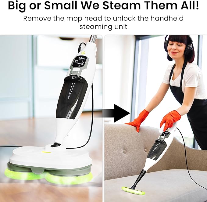 Electric Steam Mop – 15-in-1 Detachable Floor Scrubber with 3 Steam Modes – Electric Mop for Hardwood Floors, Kitchen Hoods & Worktops Cleaning