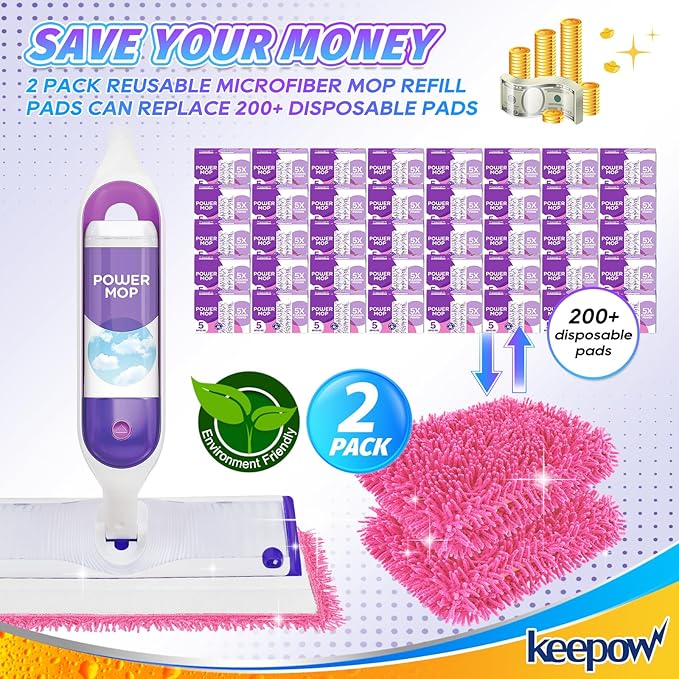 KEEPOW Reusable Microfiber Mop Pads for Swiffer PowerMop, 4 Count, Pink, Machine Washable, Compatible with 13-15 Inch Spray Mop, Multi-Surface Floor Cleaning