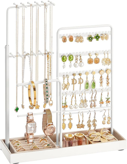 SONGMICS Jewelry Holder, Jewelry Storage Organizer Stand with Metal Frame, Velvet Tray, 12.1 to 18.7 Inches Tall Height Adjustable Necklace Holder, for Rings, Earrings, Matte White UJJS026W01