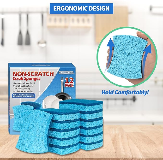 HOMERHYME Non-Scratch Cellulose Scrub Sponges 12 Pack, Sponges Kitchen with Double-Side & Ergonomic Design for Dishes, Coated Cookware, Sink & Countertops.