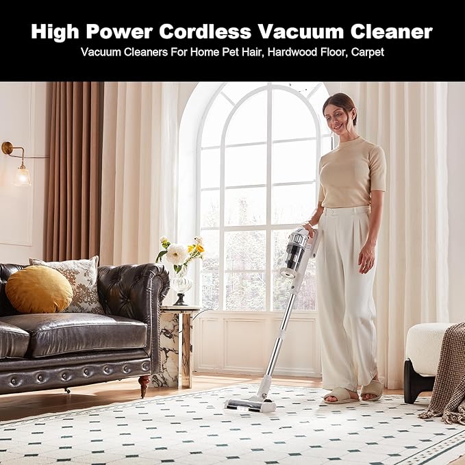 Cordless Vacuum Cleaner - Vacuum Cleaners for Home, 45KPA 550W Stick Handheld Portable 60 Mins Runtime Rechargeable Battery Pet Hair Hardwood Floor Vac, Household Lightweight Hand Vac, V10 White