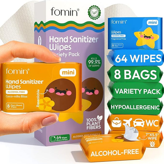 Fomin Mini Hand Sanitizer Wipes 8 Pack (8 Count) - Variety Pack Mini Wet Wipe - pH Balanced, Biodegradable, Antibacterial On The Go Hand Sanitizing Wipes - Hypoallergenic, Plant-Based Travel Wipe