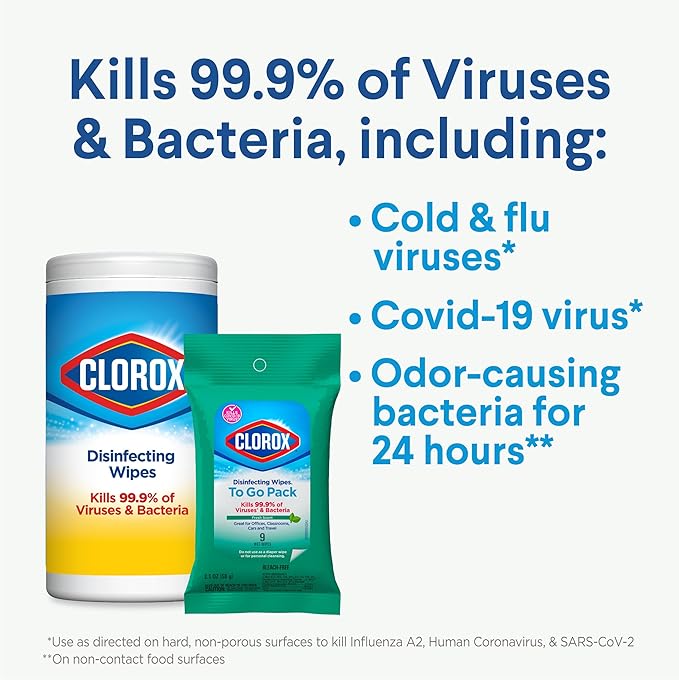 Clorox Disinfecting Wipes On The Go Travel Wipes, Dorm Room Essentials, Crisp Lemon, 9 Count (Package May Vary)