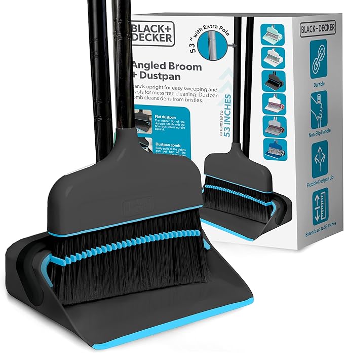 BLACK+DECKER Butler Broom & Dustpan Set - Short Handle, Stand-Up Design - Lightweight, Space-Saving Combo for Kitchen, Living Room, Bathroom, Lobby Floors - Home Cleaning Essential, Black/Blue