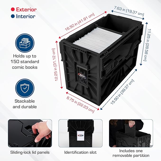BCW Short Comic Book Bin | Holds 150 Comics | Stackable Plastic Storage | Acid-Free Organizer | Black, 5 Pack