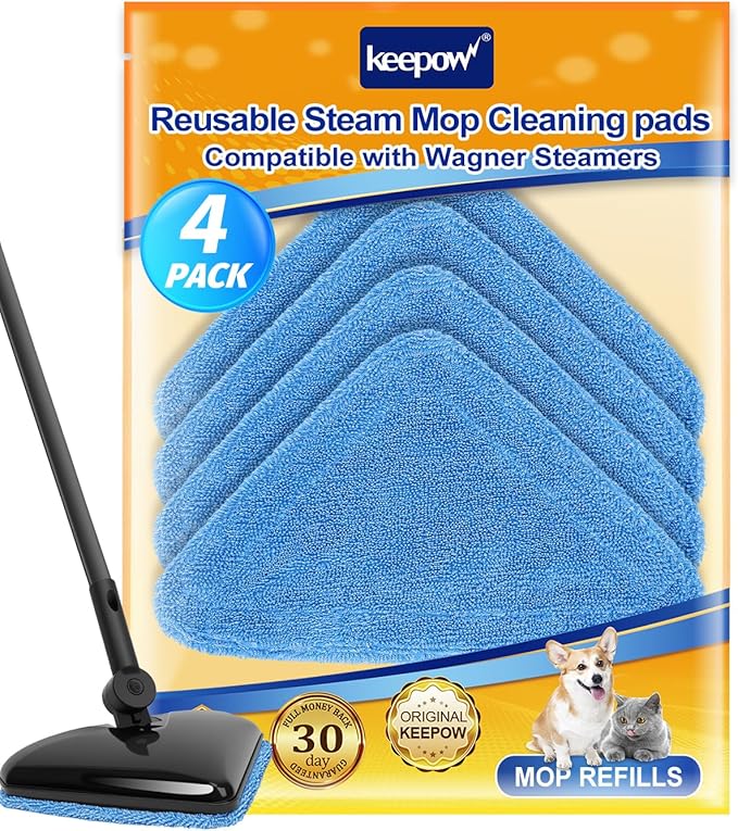 KEEPOW Reusable Steamer Mop Pads Compatible with Wagner 905e, 915e and 925e Steamers, Reusable Cleaning Replacement Pads, for Multi-Surface Floor Cleaning for Powerful, 4 Pack (Mop is Not Included)