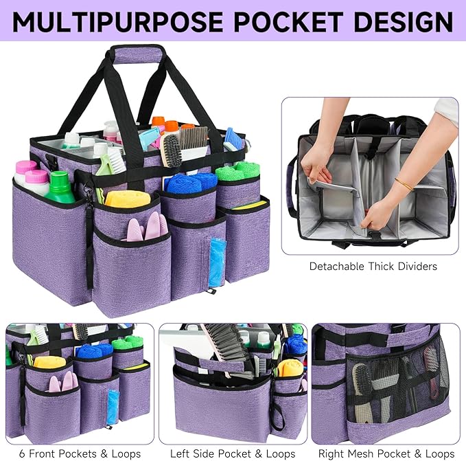 Large Rolling Cleaning Caddy Bag with Detachable Trolley,Cleaning Cart on Wheels with Shoulder Strap,Cleaning Supplies Organizer for Housekeepers,Purple