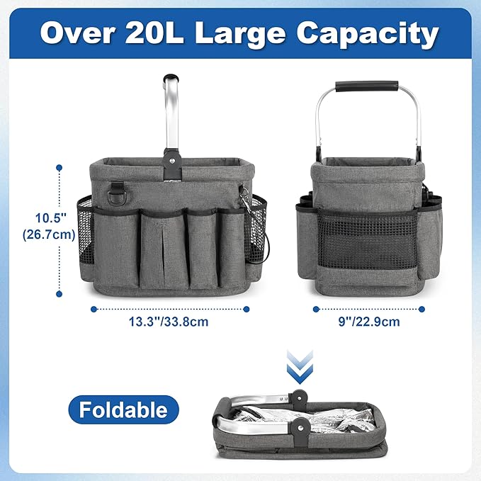 Cleaning Caddy Organizer with Handle, Cleaning Tote Bag with Multiple Pockets for Cleaning Supplies, Products Storage, Housekeepers, Car Cleaning, Grey