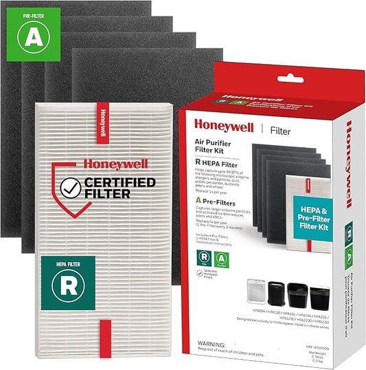 Honeywell HEPA Air Purifier Filter Kit – Includes 1 HEPA R Replacement Filter and 4 A Carbon Pre-Cut Pre-Filters – Airborne Allergen Air Filter Targets Wildfire/Smoke, Pollen, Pet Dander, and Dust