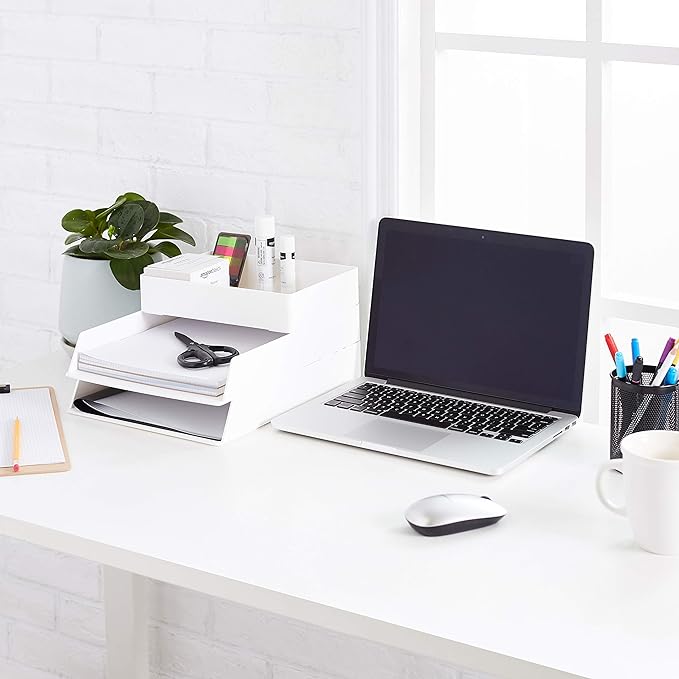 Amazon Basics Rectangular Plastic Desk Organizer with Storage Trays, Accessory Tray, Drawer Organizer, 9.4 x 6.7 x 2 inch, White
