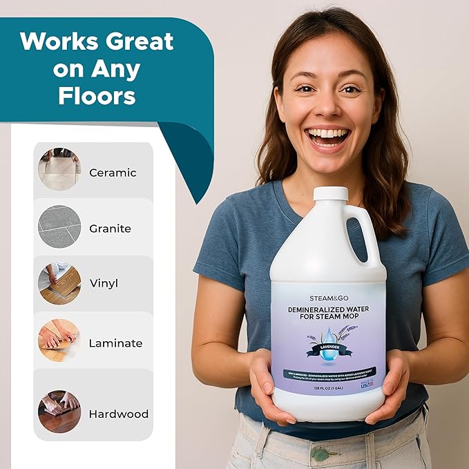Steam & Go Demineralized Water for Steam Cleaner - PVC-Free Floor Cleaning Solution Compatible for All Steam Mops - Multi-Surface Cleaner for Home Surfaces - Lavender Scent, 128 Fl oz
