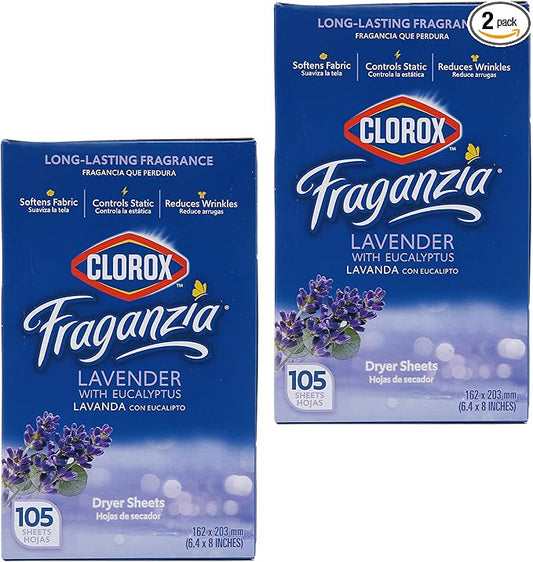 Clorox Fraganzia Fabric Softener Dryer Sheets, Lavender Scent - Wrinkle Reducing Scented Softening Laundry Sheets for Great Smelling Clothes, 105 Count - 2 Pack