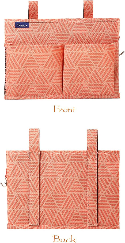 Surblue Bedside Caddy Hanging Bed Organizer Storage Bag Pocket for Bunk and Hospital Beds, College Dorm Rooms Baby Bed Rails,Camp Chiars，Wheelchair Side Bag，4 Pockets and 2 Hooks (Orange Plaid)