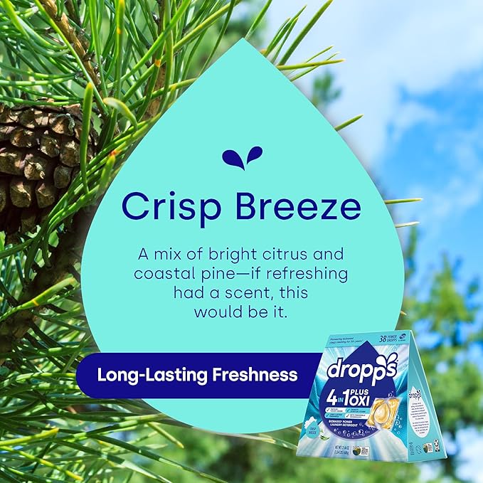 Dropps 4-in-1 Plus Oxi Crisp Breeze Power Biobased Laundry Detergent Pods (76 Pods) - Chlorine-Free Bleach Alternative Biobased Laundry Whitener, Stain & Odor Remover