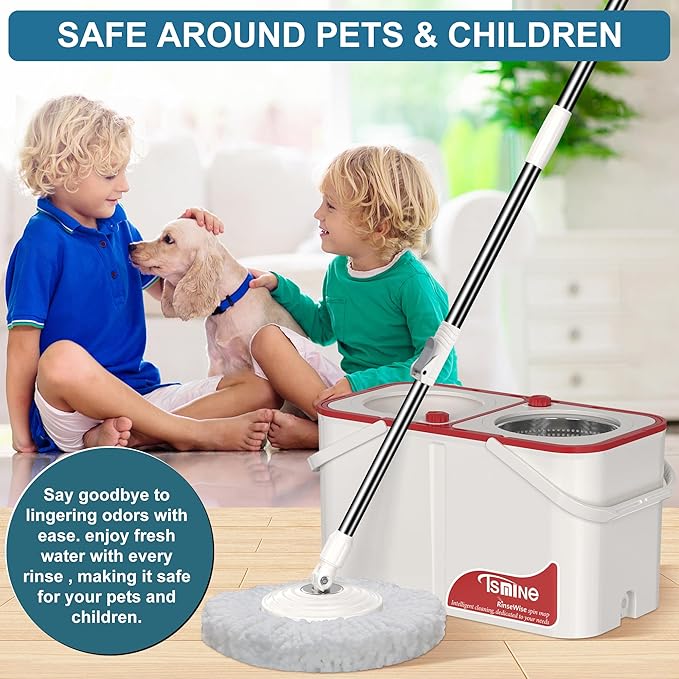 Gen 1 Large-Capacity Spin Mop and Bucket – for Big Homes & Deep Cleaning Days,4-Chamber System Separates Dirty & Clean Water, 2-GAL Heavy-Duty Design with Wheels & 6 Refill Mop Heads - White/Red