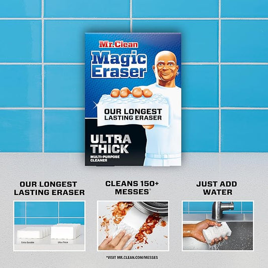 Mr. Clean Magic Eraser Sponge, All Purpose Cleaner, Long Lasting Cleaning Scrubber, Wall Cleaner, Sneaker Cleaner, Oven Cleaner, Kitchen, Bathroom, Shower Cleaning Supplies, Ultra Thick, 5ct