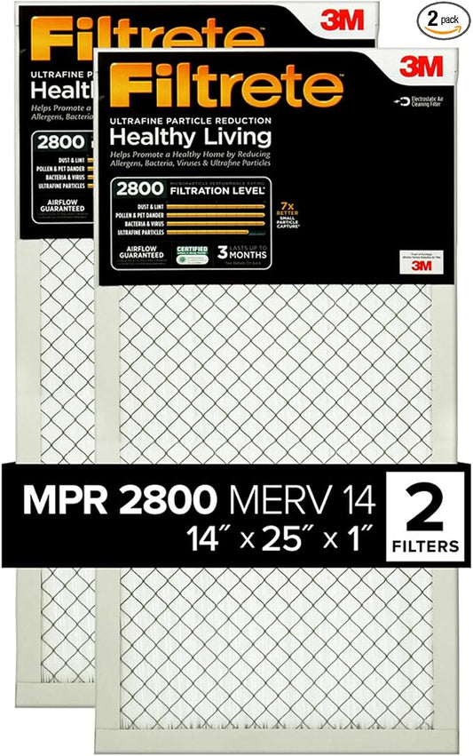 Filtrete 14x25x1 Air Filter, MPR 2800, MERV 14, Healthy Living Ultrafine Particle Reduction 3-Month Pleated 1-Inch Air Filters, 2 Filters