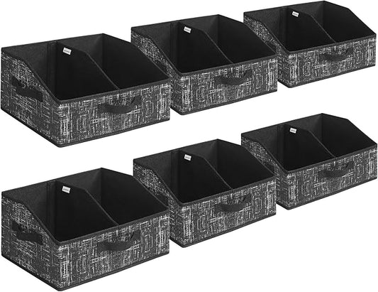 SONGMICS Set of 6 Storage Baskets, Foldable Storage Bins with Removable Dividers, Fabric Boxes, 15.7 x 11.8 x 7.9 Inches, Closet Organizers, 3 Handles, for Living Room, Ink Black URFB0140B01