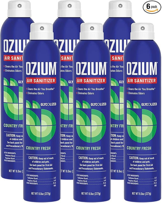 Ozium Air Sanitizer Spray - Room Odor Eliminator for Home, Car, and Office - Country Fresh Air Cleaner - 8 oz Can - 6 Pack