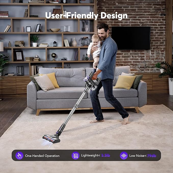 Cordless Vacuum Cleaner for Home, 80,000PRM Powerful 4 in 1 Lightweight Stick Vacuum with 2 Adjustable Suctions, Max 40 Mins Runtime, 2600mAh Rechargeable Vacuum Cleaners (Ink Purple)