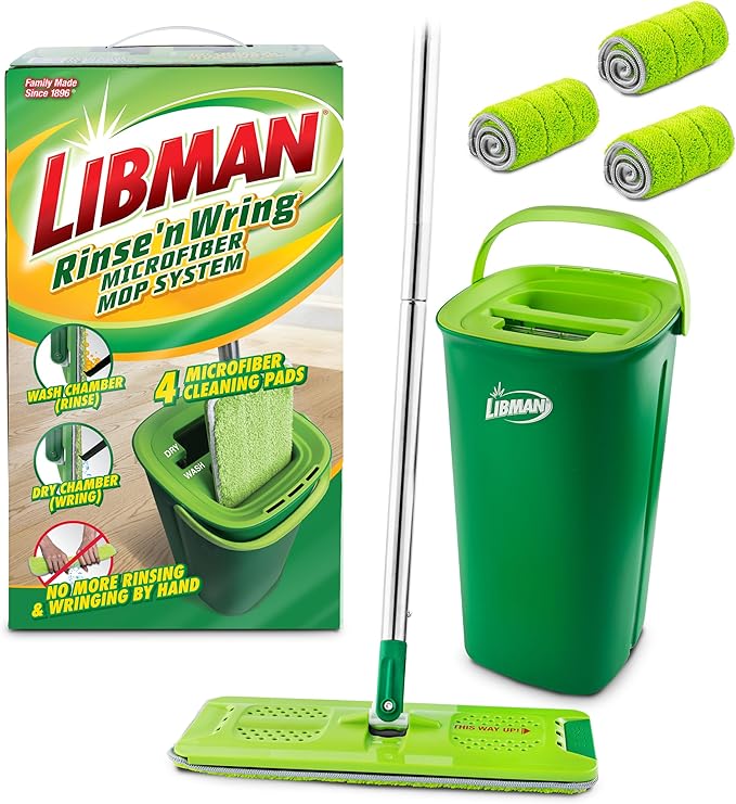 Libman Rinse 'n Wring Mop and Bucket System | Microfiber Floor Mop | Hardwood Floor Cleaner | Wet & Dry Mop | Clean & Dirty Water Chambers | Power Blades | 4 Total Microfiber Pads