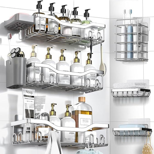 Shower Caddy Adhesive Shower Organizer 8-Pack, Rustproof Stainless Steel Bathroom Shelves, Large Capacity No-Drill Rack Storage Accessories with Soap Dish Toothbrush Holder Hooks