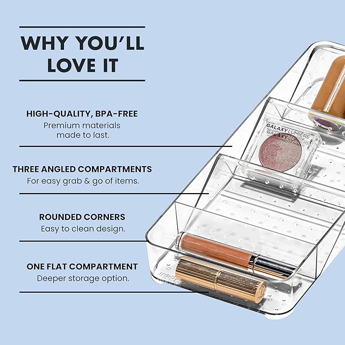 madesmart Angled Storage Tray, Make-up Bathroom Organizer, Lipstick, Razors, Q-Tips, Bath Essentials Angled for Easy-Viewing, Small, Clear