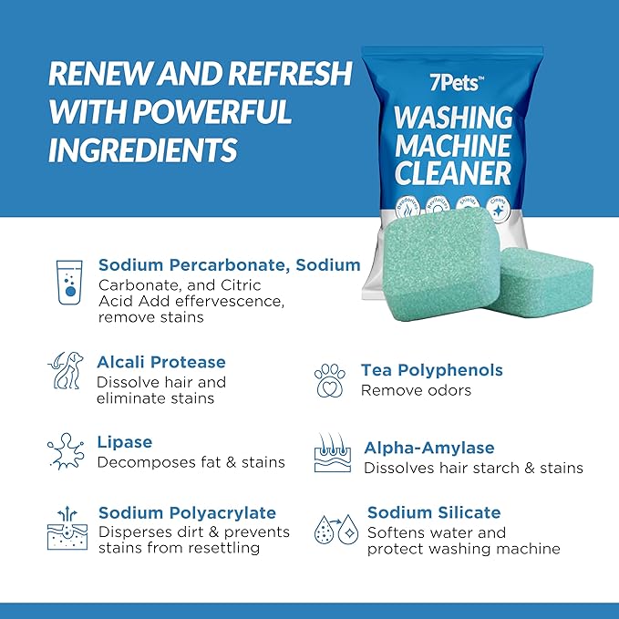 Washing Machine Cleaner Tablets | 24 Count 1-Year Supply | Formulated for Pet Owners | Pet-Friendly Deep Descaler | HE, Top & Front Load | Septic Safe & Eco-Friendly | Eliminates Odor & Residue