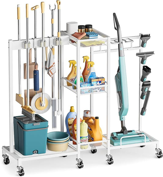 Broom Holder with Cleaning Supplies Organizer, Broom Closet Storage Cabinet with Cleaning Caddy Vacuum Stand, Cleaning Cart with Mop Hanger Gripper Rack Hook, Laundry Room Organization Home Essentials