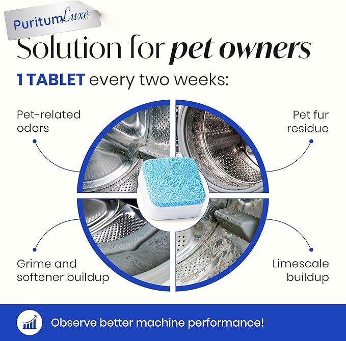 Washing Machine Cleaning Tablets to Remove Pet Fur, Odor, Grime Buildup – Deodorizing for HE, Front, Top Load Washers – Washing Machine Cleaner Tablets Safe for Septic Systems – 24 pcs
