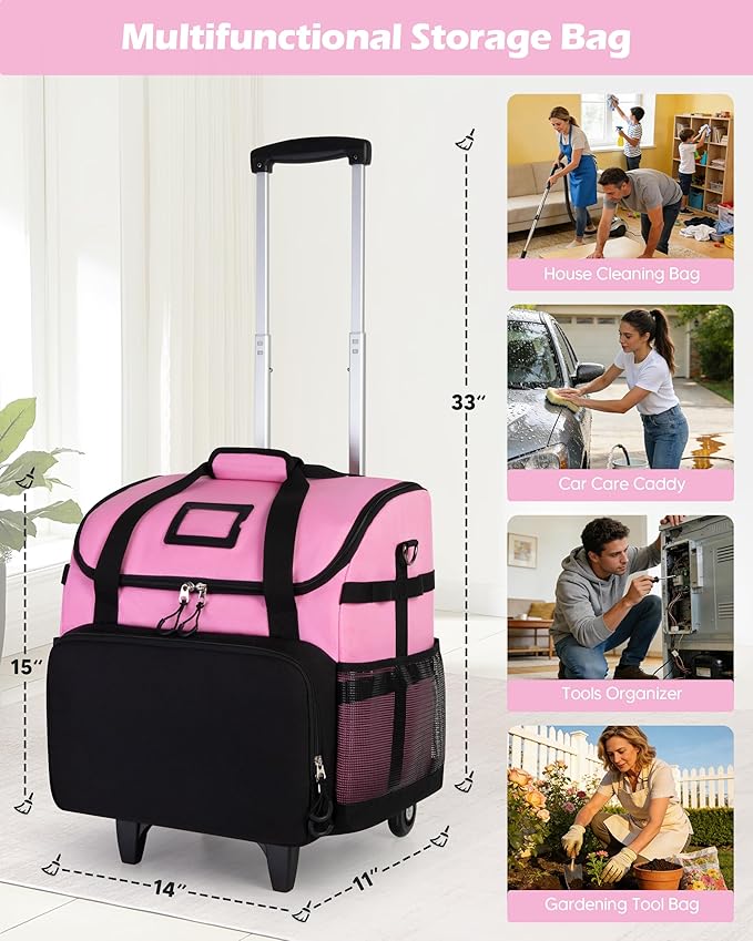 Large Rolling Cleaning Caddy Bag with Detachable Trolley, Cleaning Supplies Organizer with Wheels for Housekeepers, Pink
