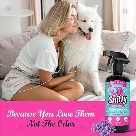 Sniffy Pet Odor Eliminator Spray – Lavender Enzymatic Cleaner for Dog & Cat Urine, Litter Boxes, Carpets & Furniture – Hypoallergenic, Fabric-Safe, Vet-Approved, 2×16 oz Twin Pack, Made in USA