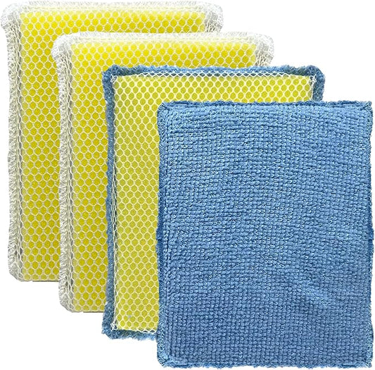 LOLA Microfiber & Nylon Net Sponges, 4 Pack, 2 Dual Sided Non Scratch Sponge Pads & 2 w/Microfiber Cloth One Side and Nylon Net Other Side