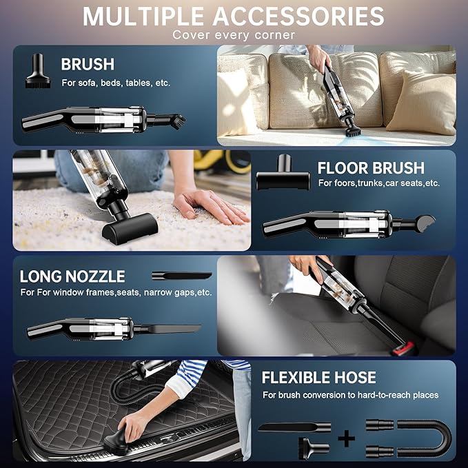 Handheld Vacuum Cordless, Car Vacuum with 16000Pa Powerful Suction, Lightweight at 1.3 lbs, Type-C Charge, Multiple Accessories, Rechargeable Vacuum Cleaners for Home Office Car Pet