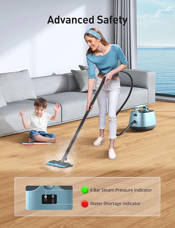Carpet Steam Cleaner for Home, 293°F 58 PSI Powerful Multipurpose Handheld Steam Mop, 21 Attachments, 50Oz Capacity, Heavy Duty Steamer for Carpets, Floors, Cars, Tiles, Crack Cleaning, Turquoise