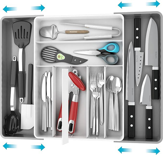Simple Houseware Expandable Kitchen Drawer Flatware Organizer, Gray/White