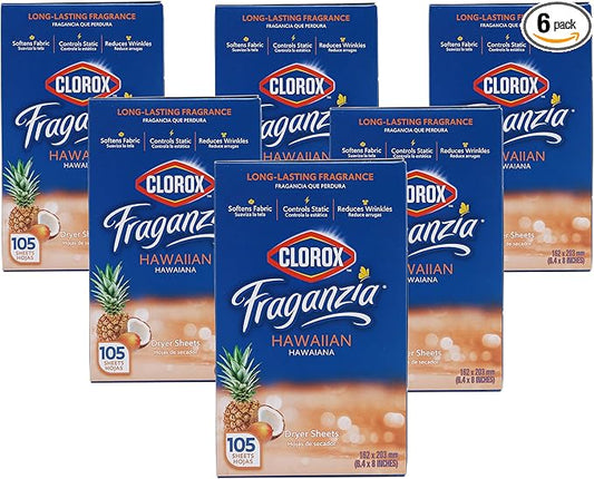 Clorox Fraganzia Fabric Softener Dryer Sheets, Hawaiian Scent - Wrinkle Reducing Scented Softening Laundry Dryer Sheets for Great Smelling Clothes, 105 Count - 6 Pack