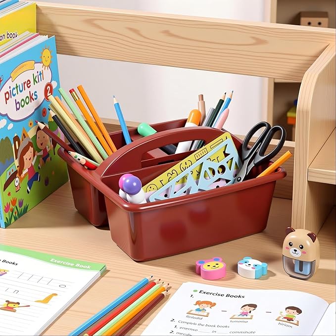 Kathfly 4 Pack Caddy Organizer with Handle, Stackable Organization Storage, Small Plastic Basket Classroom Caddy for Table Desk Office Pencil Kids Room Craft Art Teacher School Supplies (Deep Color)