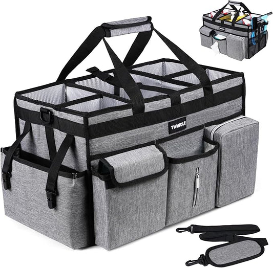 Extra Large Cleaning Caddy Bag with Rigid Support Board, Cleaning Organizer Tote with Detachable Divider, Adjustable Shoulder Strap & Waist Belt, Cleaning Supply Carrier for Cleaners & Housekeepers