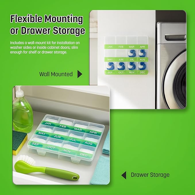 Monthly Reminder Organizer for Cleaning Tablets, 12 Labeled Compartments for Washing Machine, Dishwasher, Drain Disposal and Coffee Machine Cleaner Pods Holder