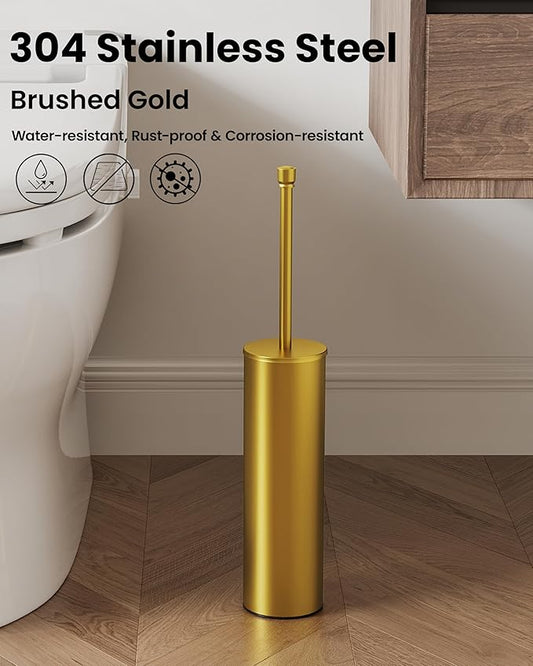Toilet Brush and Holder Set, Toilet Bowl Brush for Bathroom with Long Handle, Stainless Steel Toilet Cleaner Brush with Durable Scrubbing Bristles,Splash-Prooft (Brushed Gold)