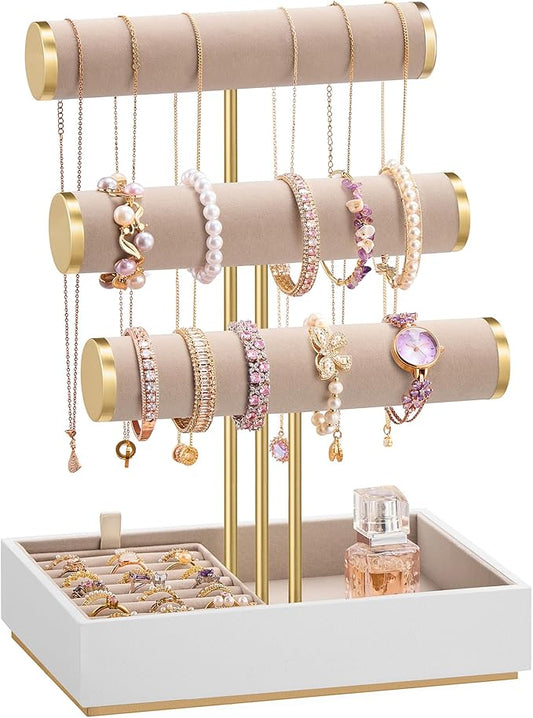 SONGMICS Bracelet Holder Stand, Jewelry Display Stand, Jewelry Organizer, with 3 Tiers and Velvet Tray, Removable Ring Holder, Cloud White and Camel Brown UJJS027A01