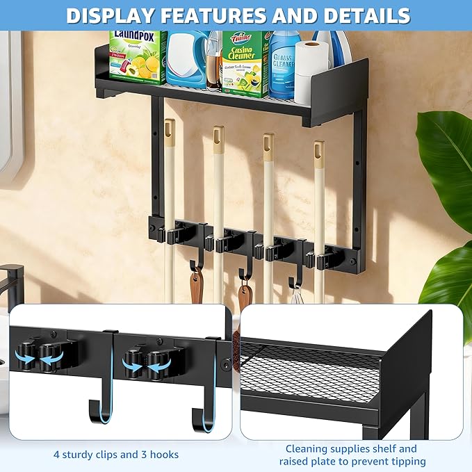 Heavy Duty Broom Holder Wall Mount with Grid Shelf, 4 Adjustable Hooks | All-in-One Cleaning Supplies Organizer for Laundry Room, Garage, Kitchen Storage