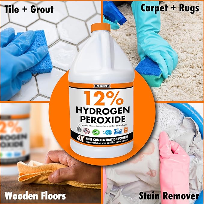 Chromex Hydrogen Peroxide 12 Percent Food Grade, 4x Power Concentrated Solution, 2 Gallons Dilute to 8 Gallons, Versatile Uses include Topical Care, Home, Kitchen, Bath Cleaner, Laundry, Whitening