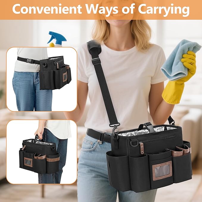 BAFASO Wearable Cleaning Caddy Bag with Adjustable Waist Belt and Shoulder Strap, Cleaning Supplies Organizer for Cleaners & Housekeepers, Black