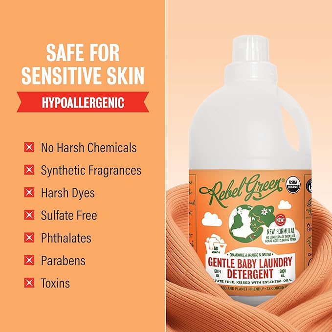 Rebel Green Organic Baby Laundry Detergent - Natural Laundry Soap - Liquid Laundry Detergent - Gentle Laundry Detergent - Chamomile & Orange Blossom Scent - (68 Load Bottles, 2 Pack)