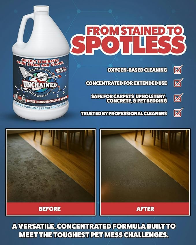 Unchained Urine Stain & Odor Remover – Enzyme Cleaner for Dog & Cat, Pet Odor Eliminator on Carpet & Furniture, Industrial Strength Urine & Feces Neutralizer, Sweet Breeze – 1Gallon