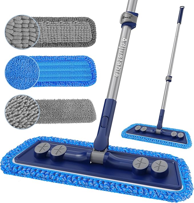 Microfiber Mops for Floor Cleaning - Dust Mop for Hardwood Floors with 55” Adjustable Handle 3 Thickened Washable Pads - Wet Dry Mopping for Pet Hairs Walls Tile Wood Laminate Home Kitchen